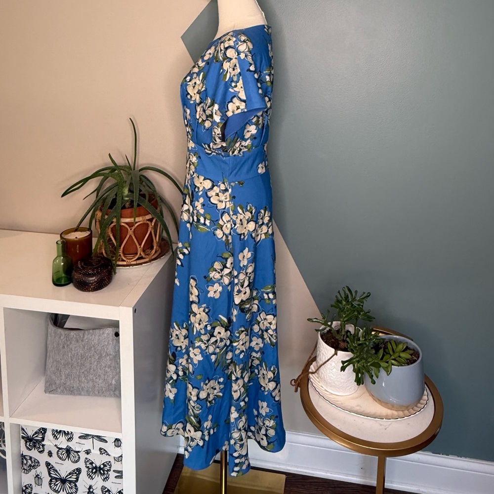 Blue Floral Fit & Flare Midi Maxi Pockets Autumn Wedding Guest Homecoming Dress - Picture 3 of 13